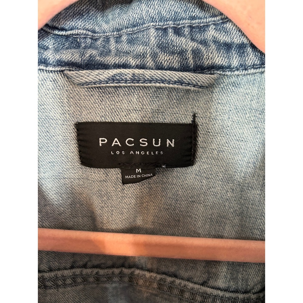 PacSun Mens LA Denim Jacket Distressed Trucker Style Racing Stripe Medium Grunge - Picture 3 of 8